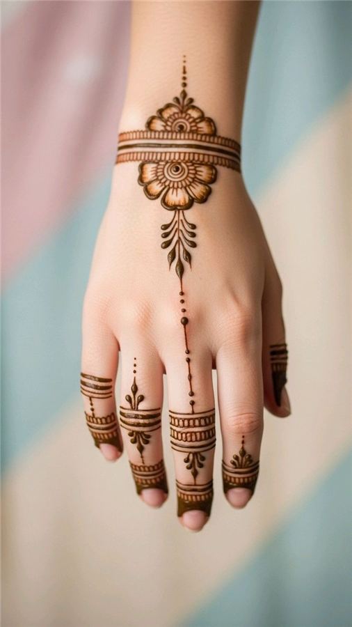 Minimal wrist band with a floral drop and finger bands